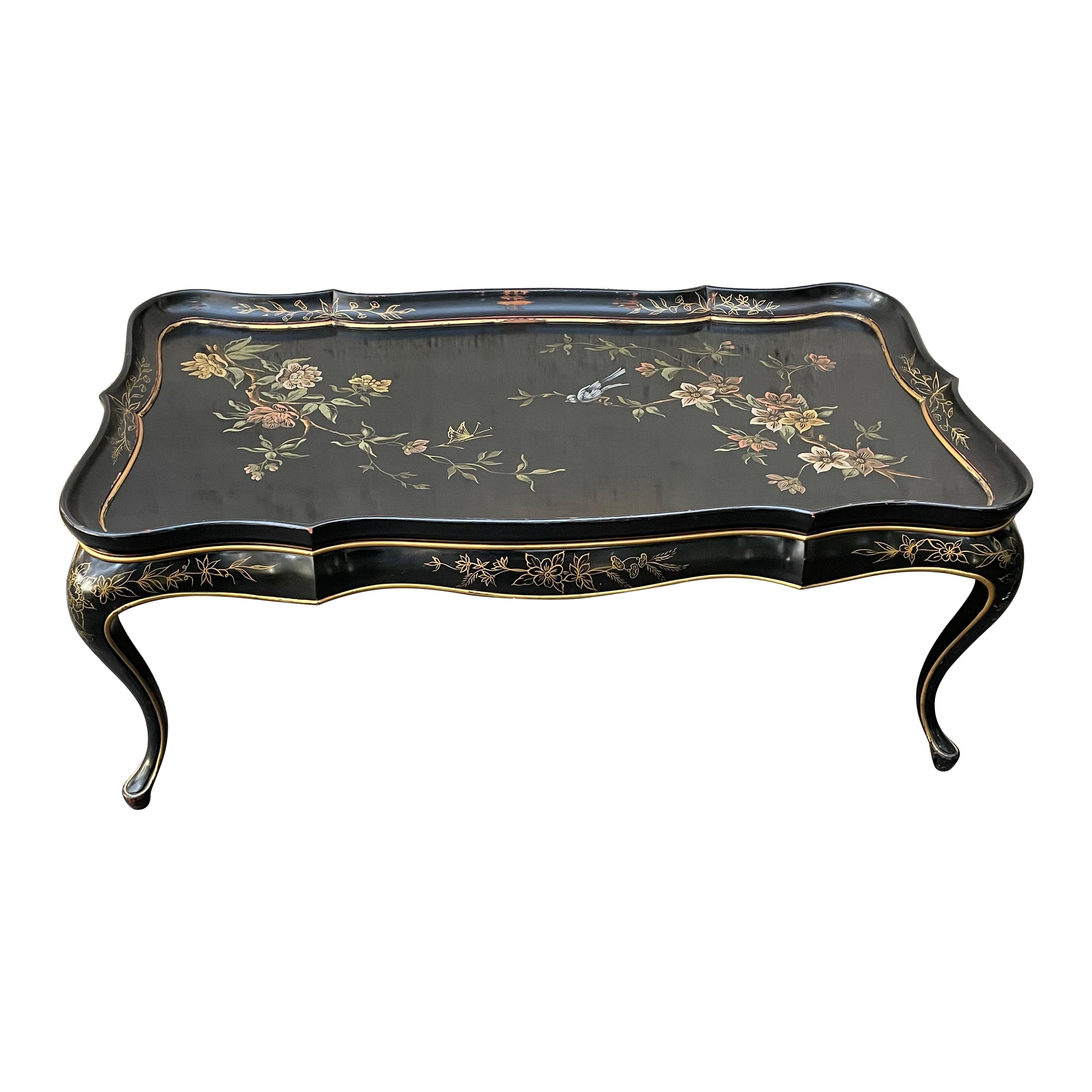 Hollywood Regency Black Lacquered Coffee Table with Hand Painted Floral Design For Sale