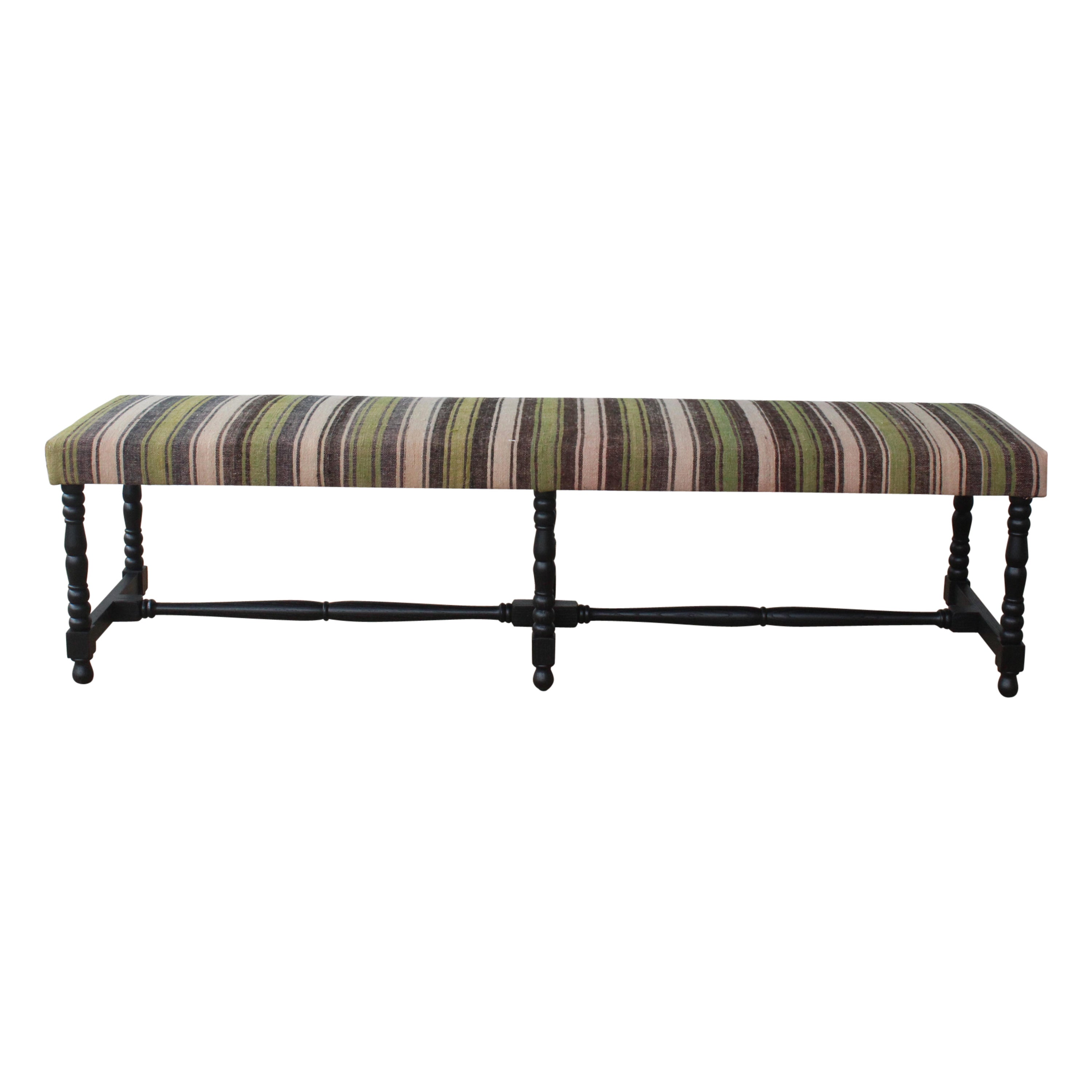 Oak Bench Upholstered in a Vintage Wool Striped Turkish Kilim