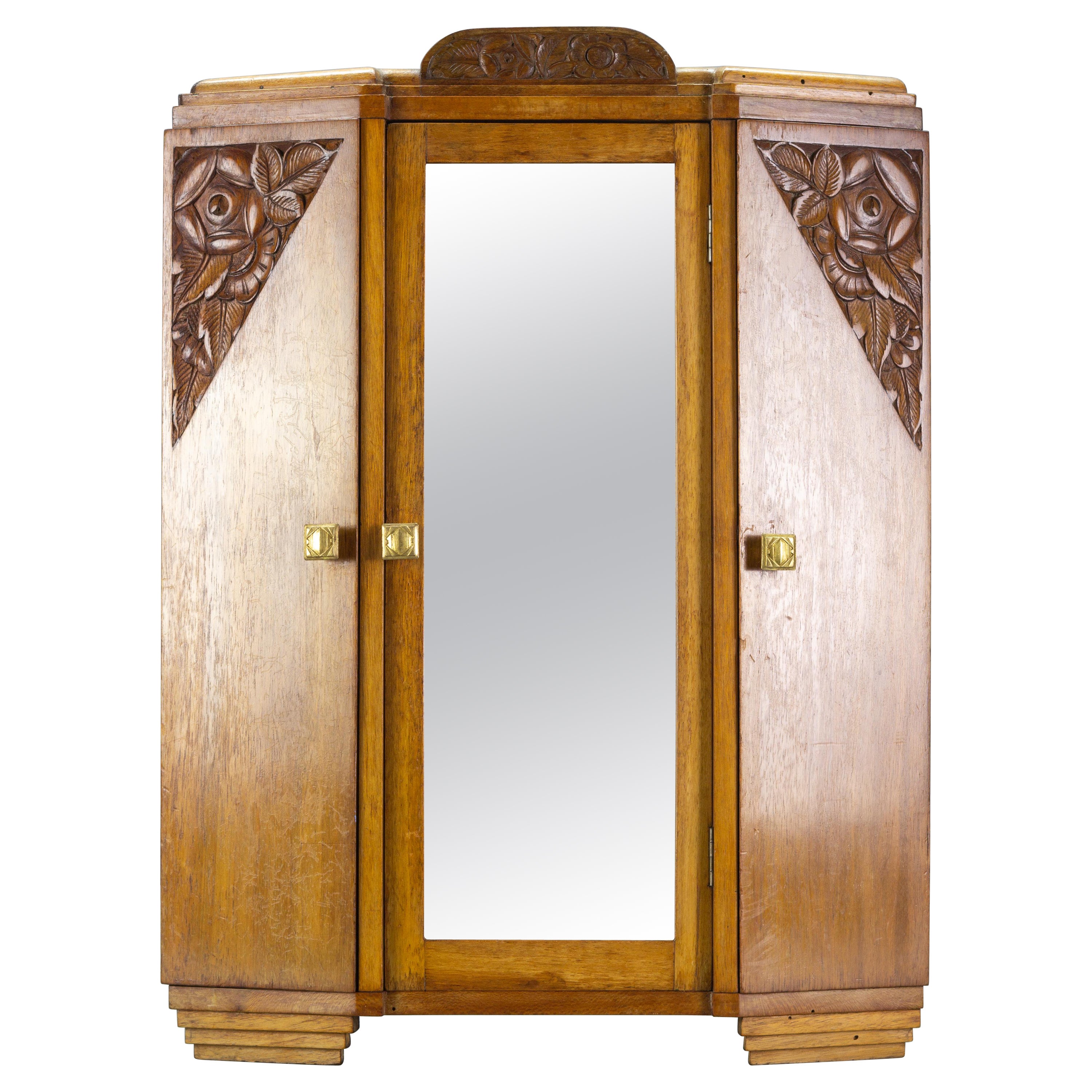 Prototype d'armoire miniature à trois portes en miroir de style Art déco français ancien, années 1920