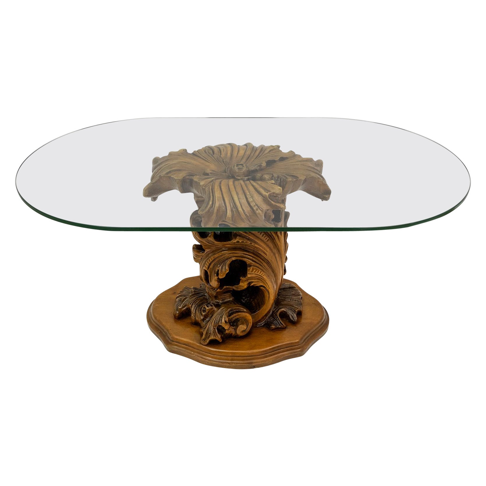 Mid-Century Modern Italian Carved Wood Base Large Curls and Leaves Coffee Table For Sale