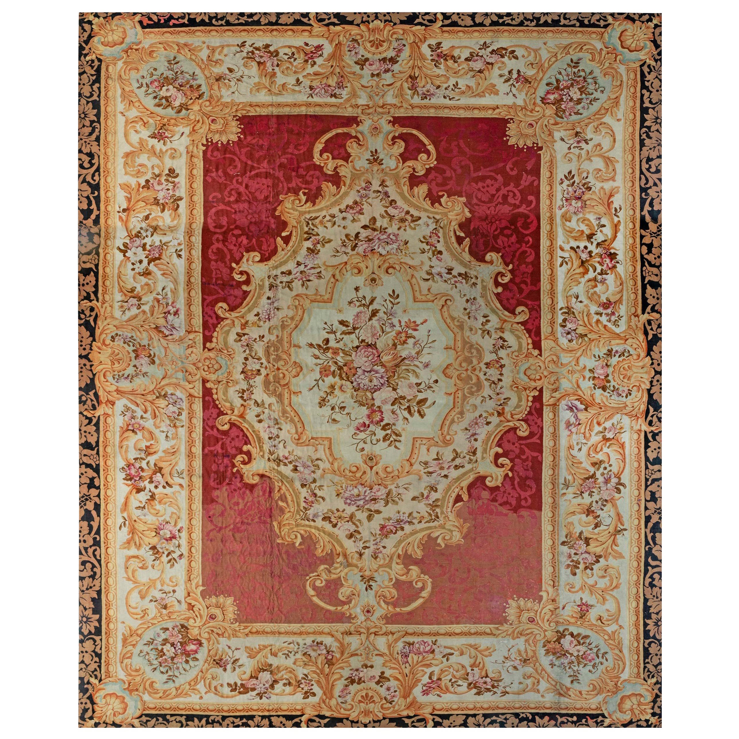 Authentic 19th Century Floral French Aubusson Rug For Sale
