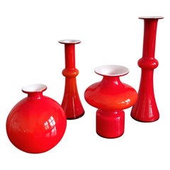 Vintage Arrangement of 4 Red Glass 'Carnaby' Vases by Per Lütken for Holmegaard, Denmark