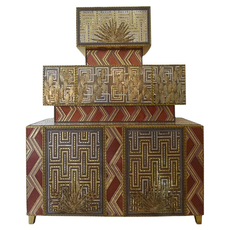 Contemporary Valentina Giovando Cupboard Wood Brass Zinc Fabric Gold Red For Sale