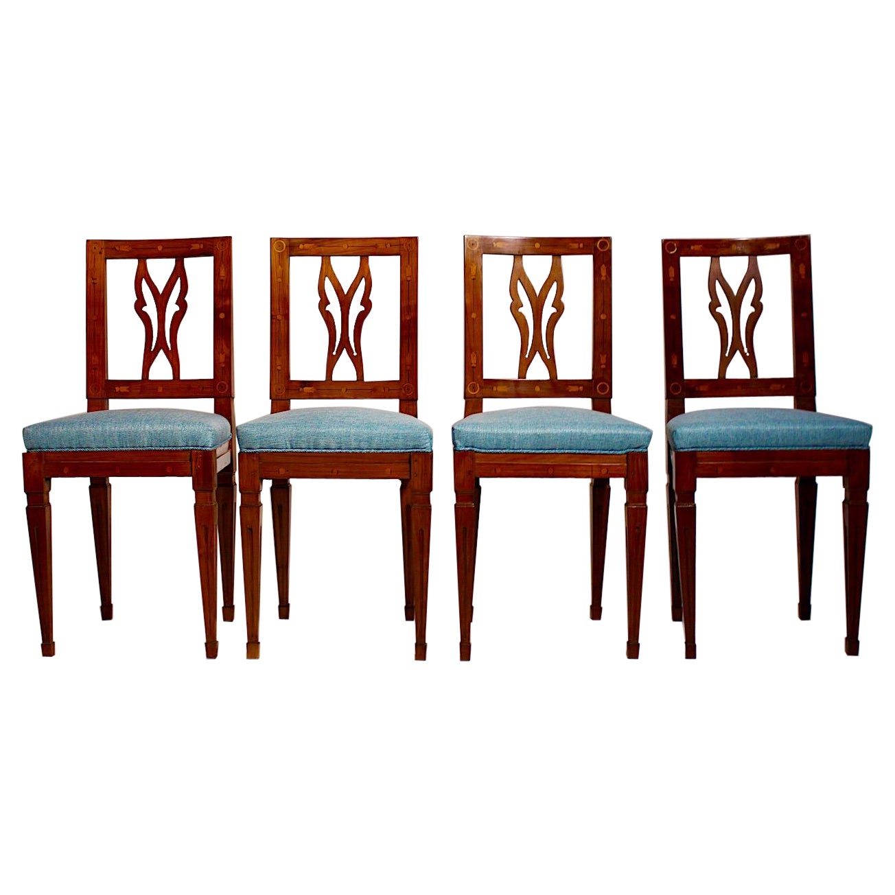 Cherrywood Maple Blue Upholstery Dining Chairs Set of Four circa 1780 Austria