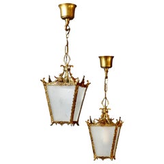 Pair of French Rococo Brass and Etched Glass Hall Lanterns