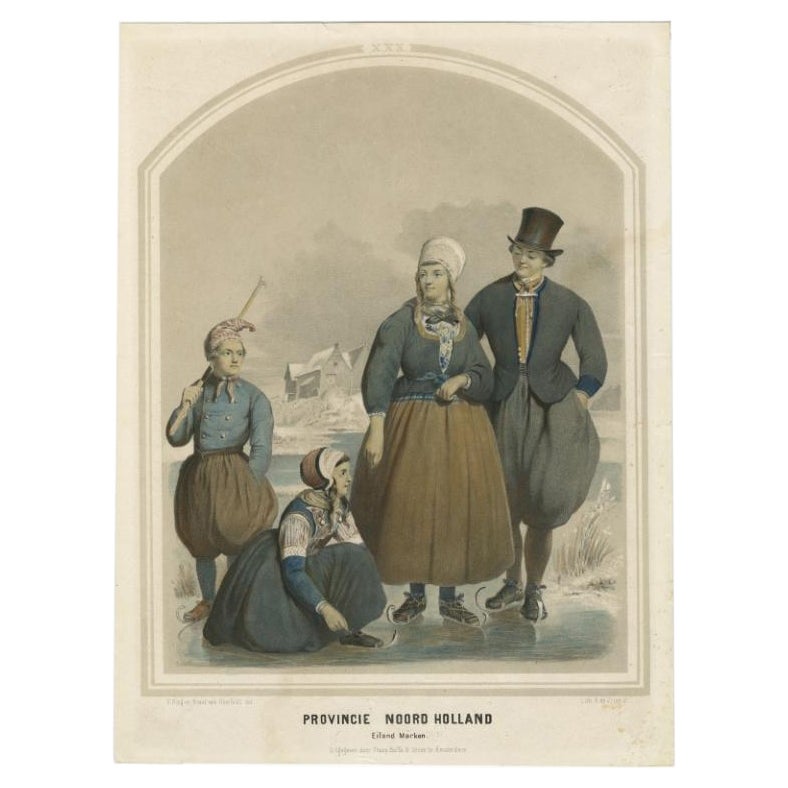 Antique Costume Print of the Province of Noord-Holland, Marken, Holland, ca 1857