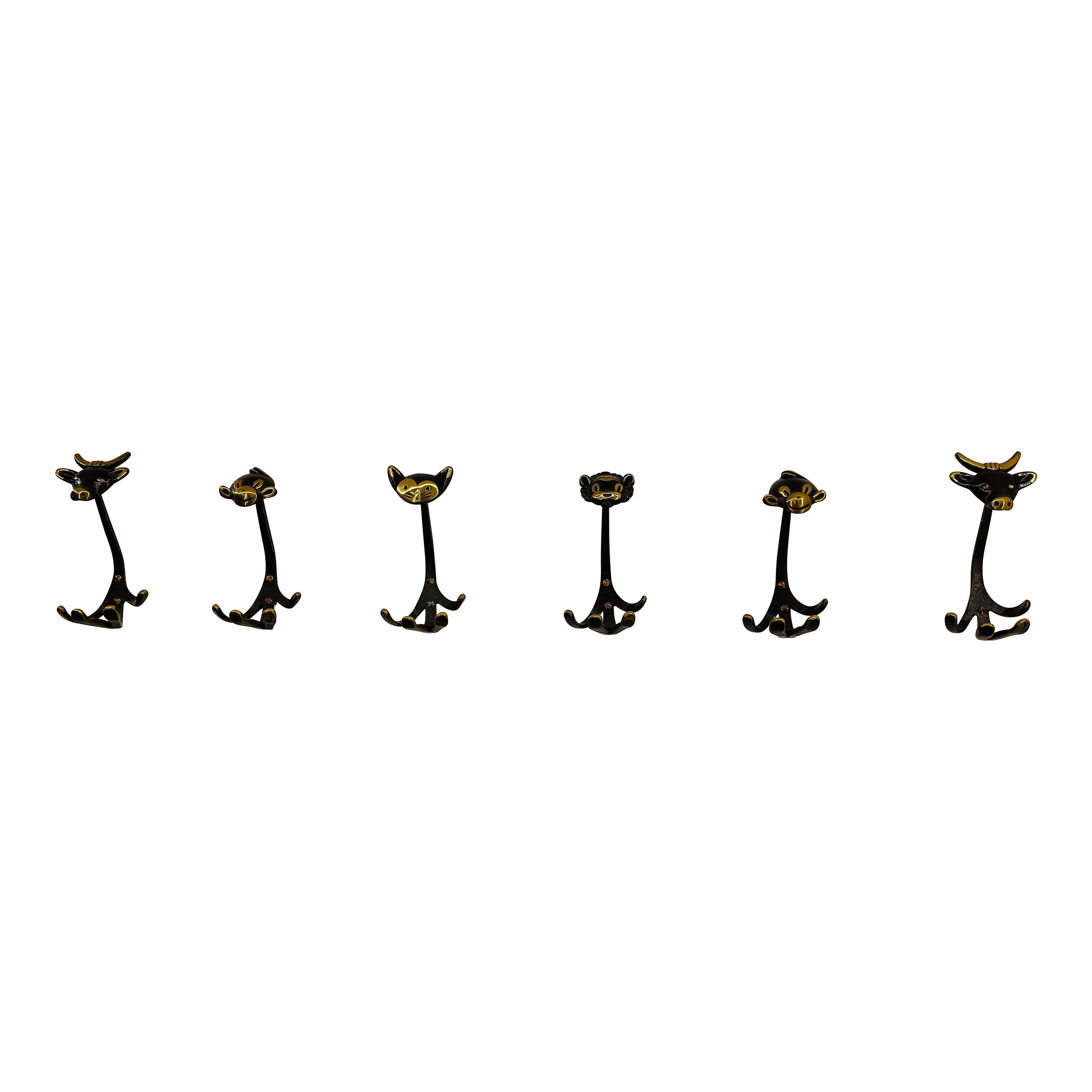 Walter Bosse Brass Wall Hooks Model 'Zoo', 6 Pieces Available, Austria 1950s For Sale