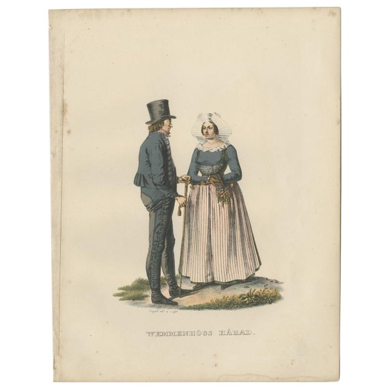 Antiker Kostümdruck von Vemmenhögs County in Schweden, um 1864
