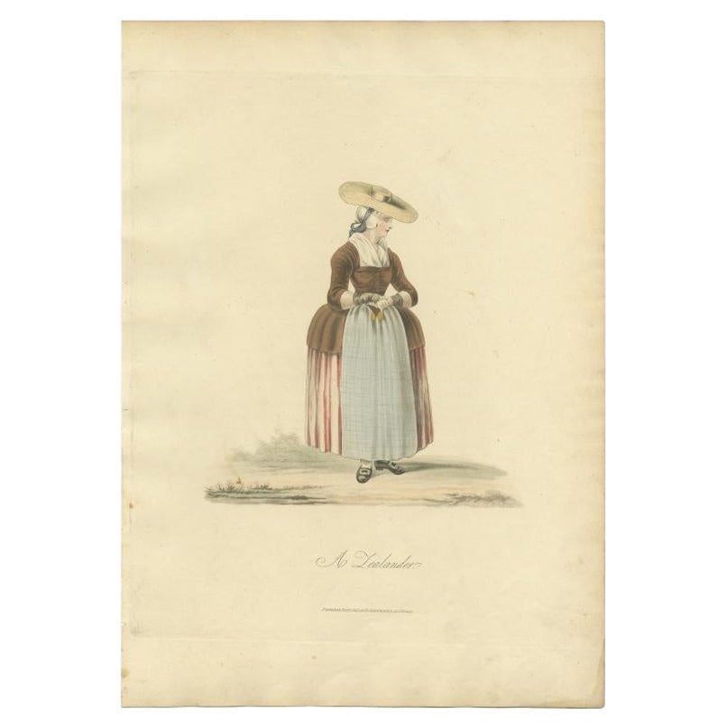 Antiker antiker Kostümdruck mit der Darstellung einer niederländischen Frau in Zeeland, 1817