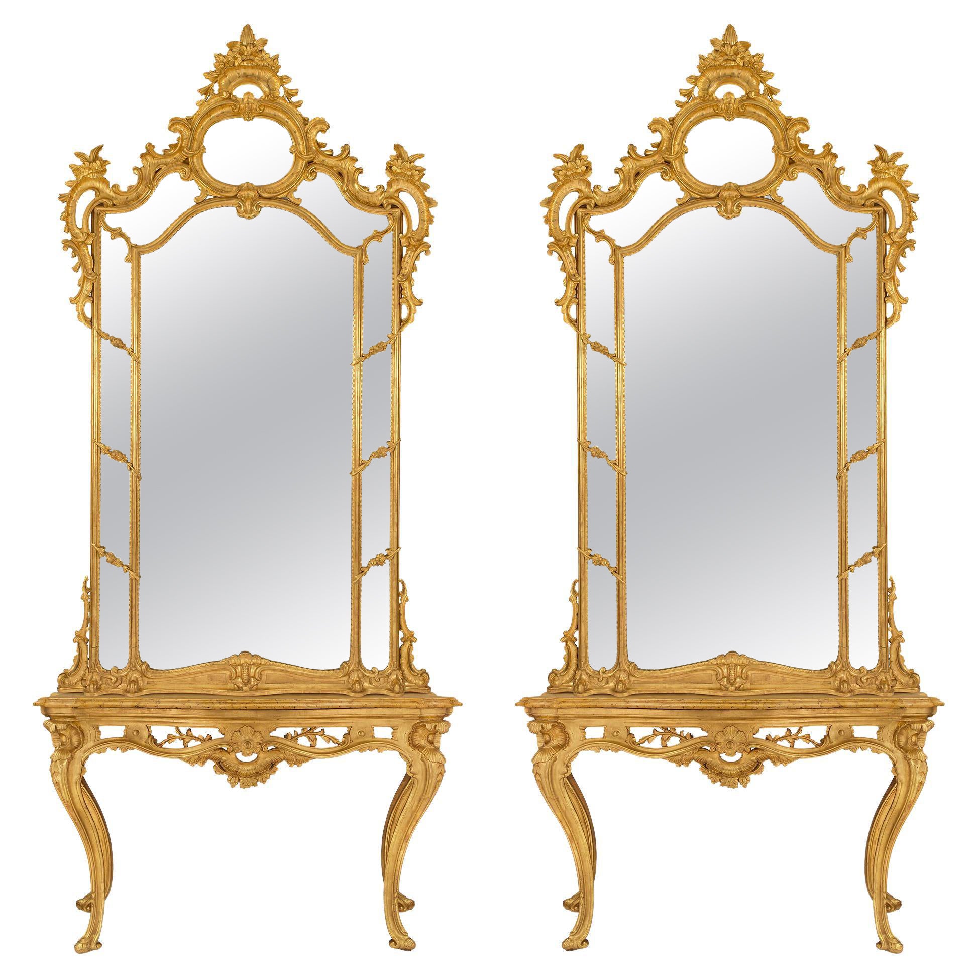 Pair of Italian 18th Century Louis XV Period Consoles with Original Mirrors For Sale