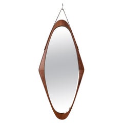 Italian Mirror in Solid Teak, Leather and Brass, Italy, circa 1950