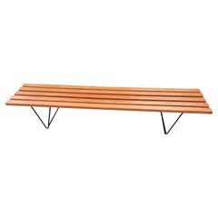 Very Long Wooden Slatted Bench with Black Steel Legs