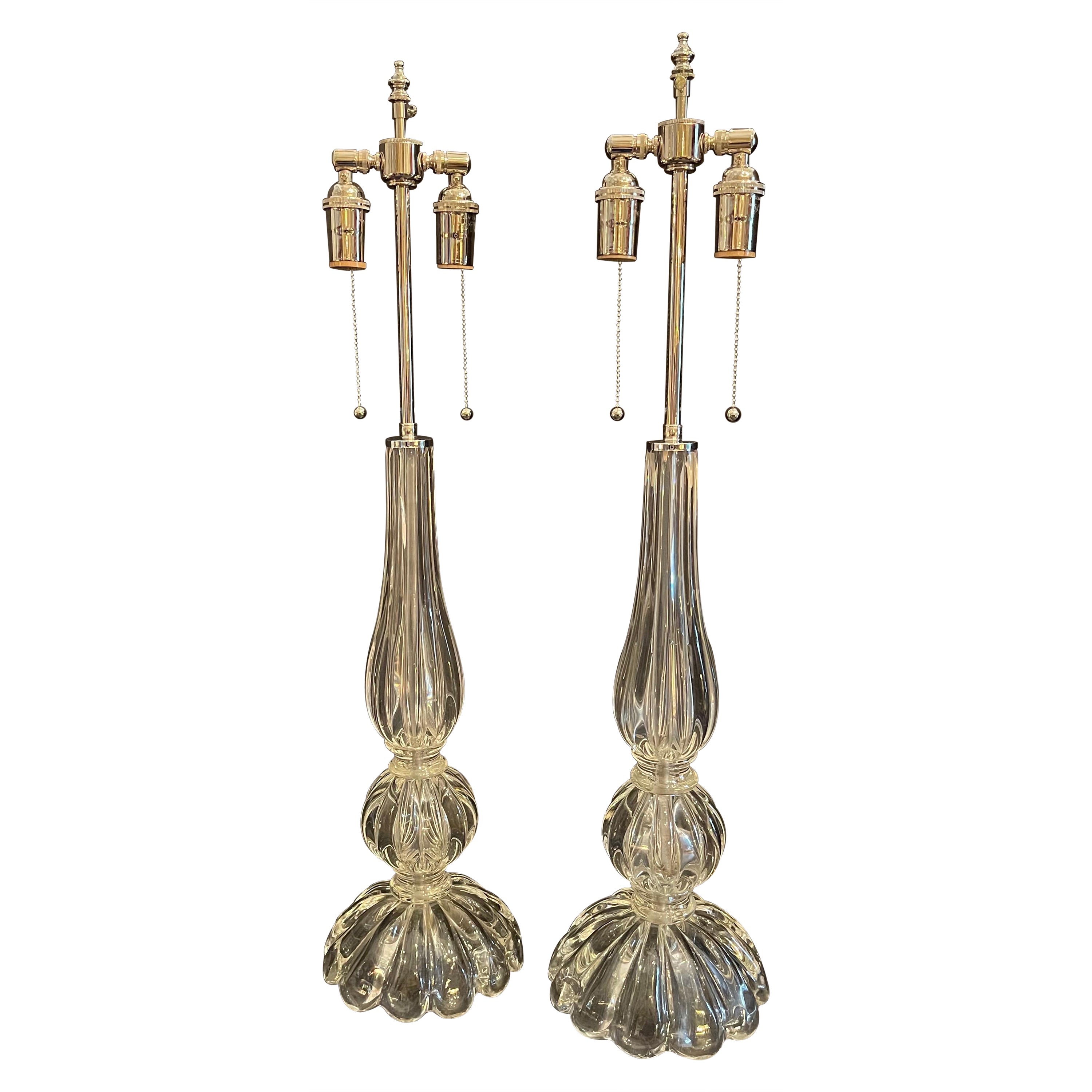 Mid-Century Modern Pair Italian Murano Seguso Venetian Clear Fluted Glass Lamps For Sale