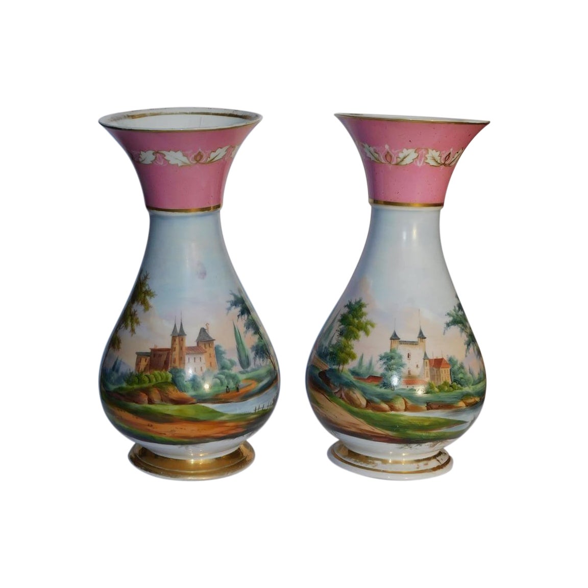 Pair of French Old Pairs Painted Porcelain Vases with Scenic Landscapes, C. 1840 For Sale