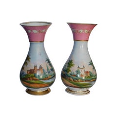 Pair of French Old Pairs Painted Porcelain Vases with Scenic Landscapes, C. 1840