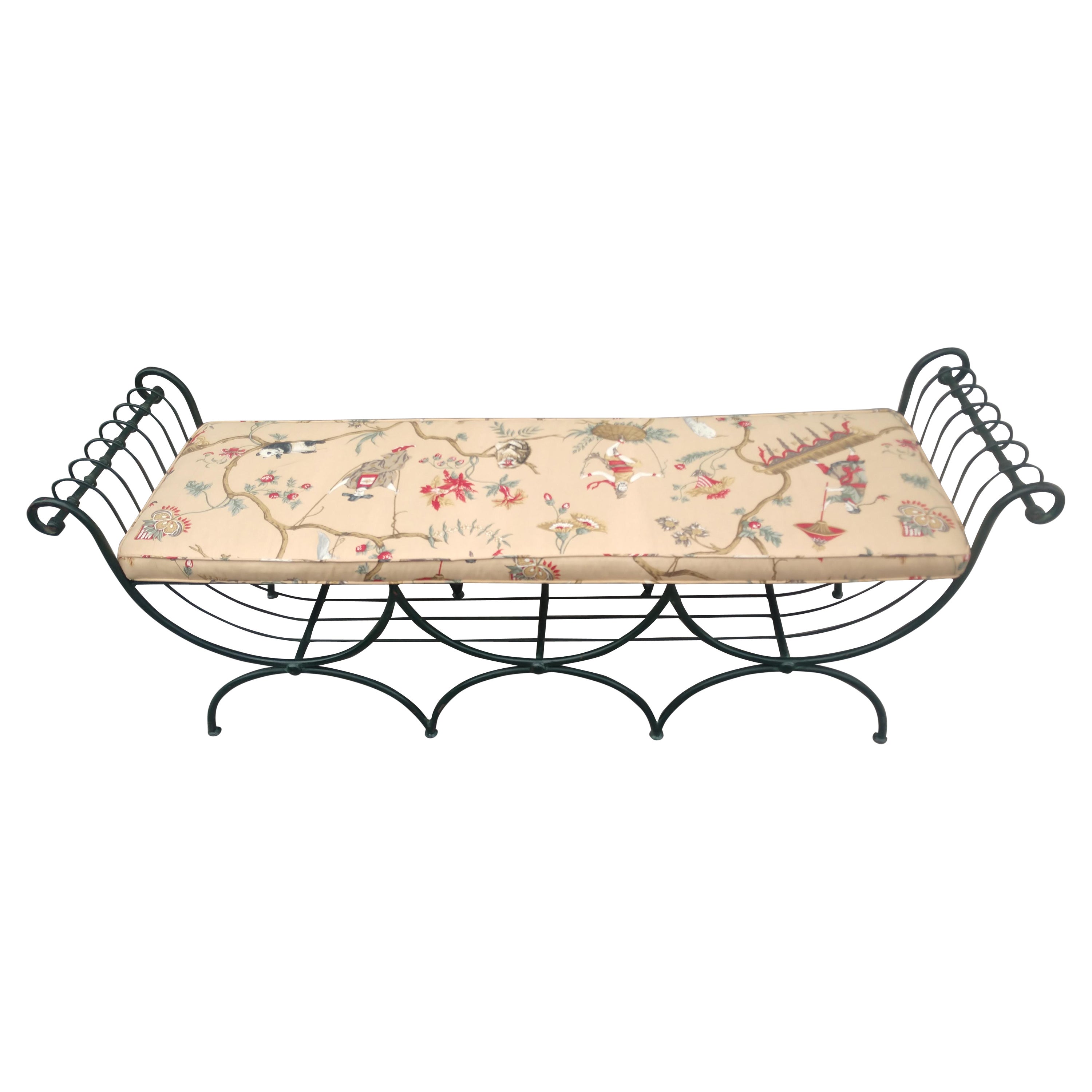 Large Patinated Iron Bench with Cushion by John Salterini