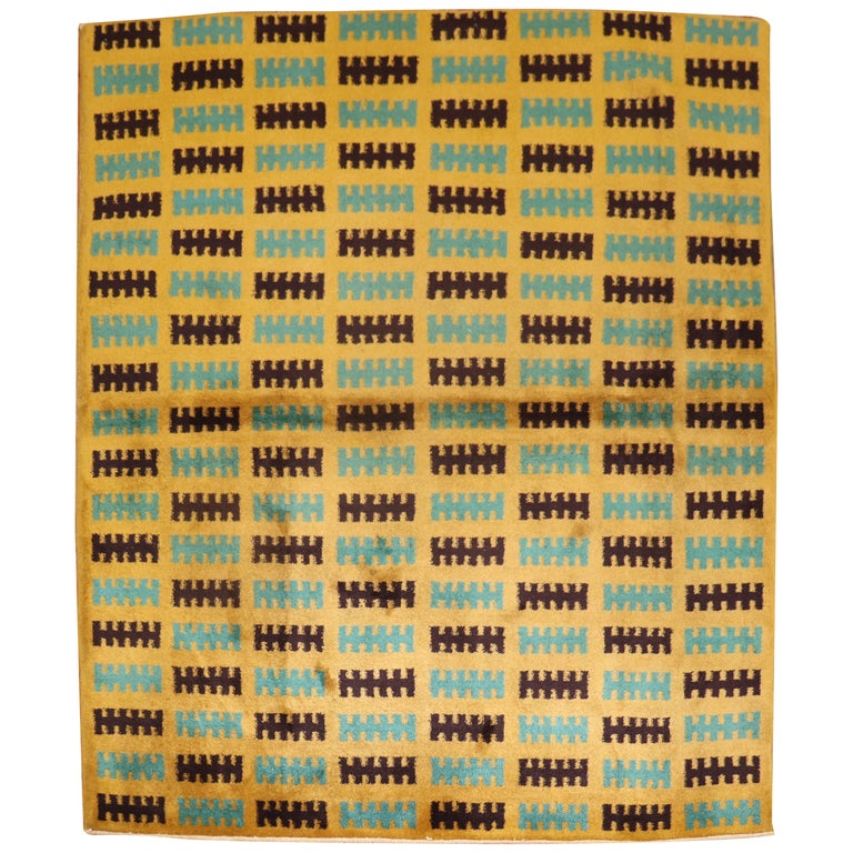 Yellow Square Vintage Turkish Deco Rug For Sale at 1stDibs