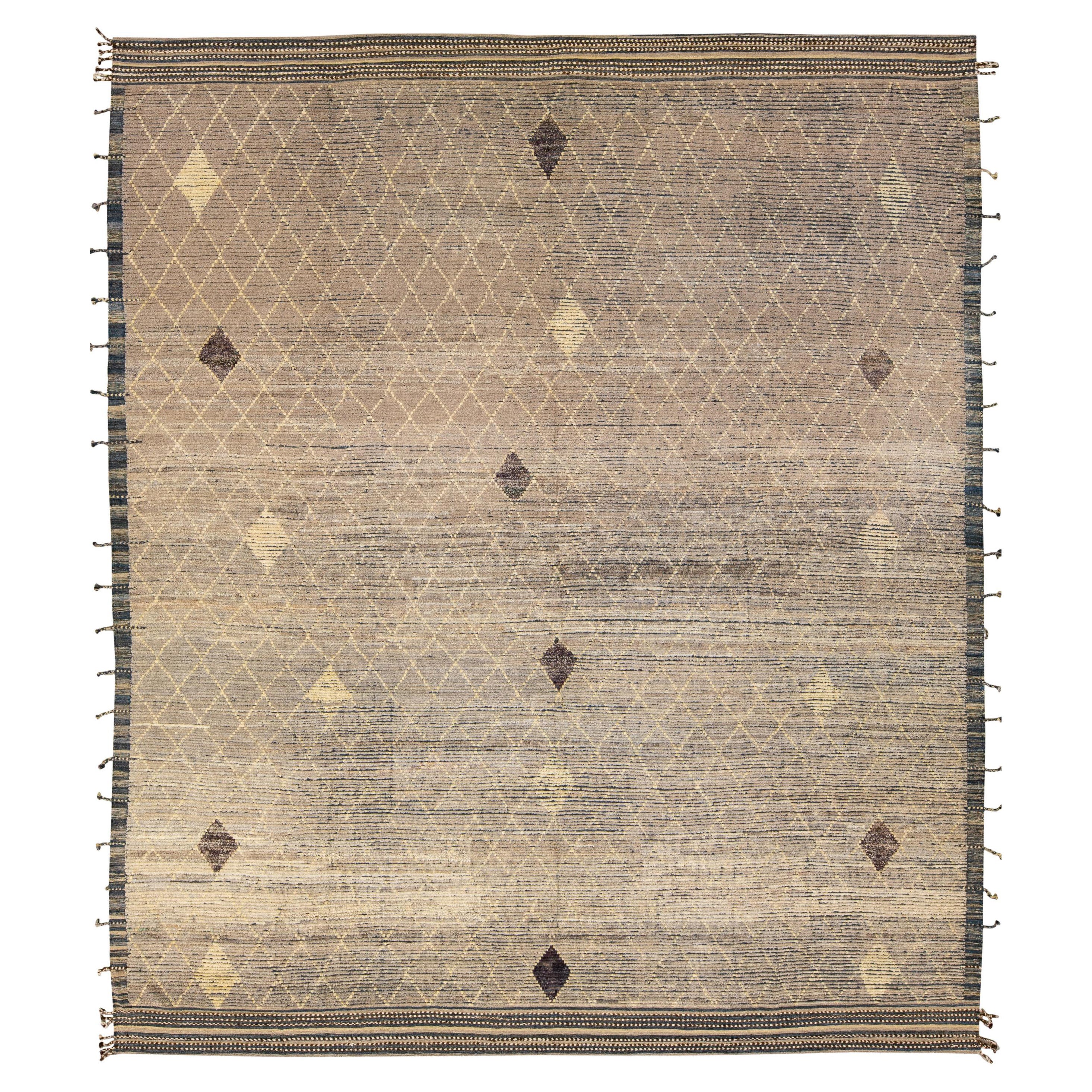 Modern Brown Moroccan Style Handmade Diamond Pattern Oversize Wool Rug