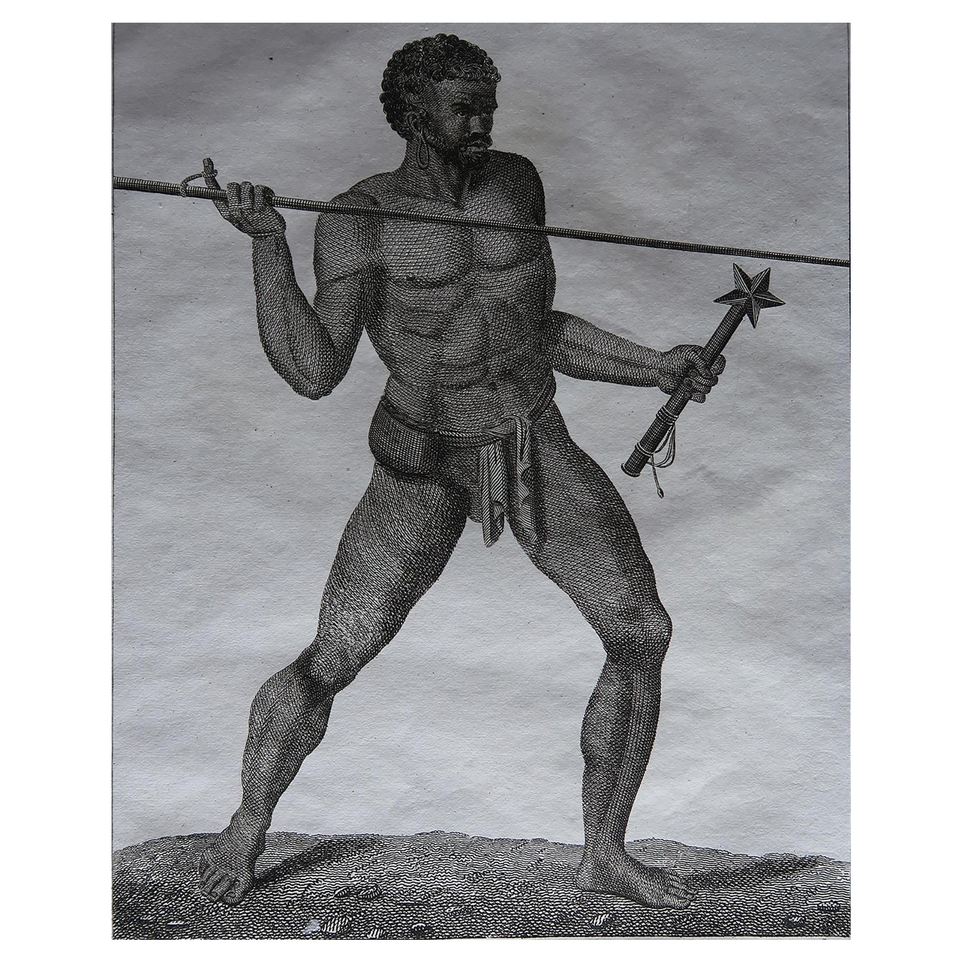 Original Antique Ethnographical Print, New Caledonian Warrior, 1817