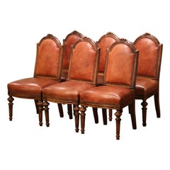 Mid-19th Century French Carved Walnut and Leather Dining Chairs, Set of Six