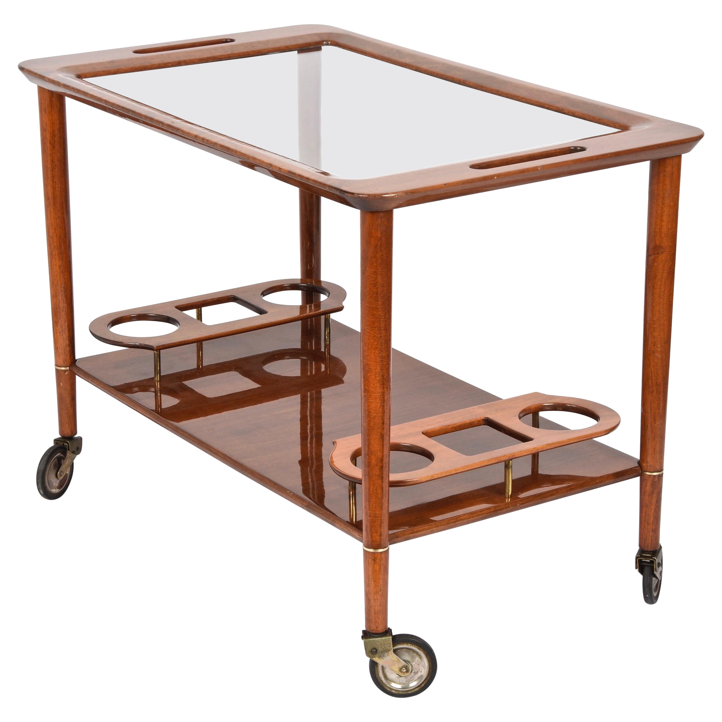 Midcentury Cesare Lacca White Walnut Wood Italian Bar Cart, 1950s