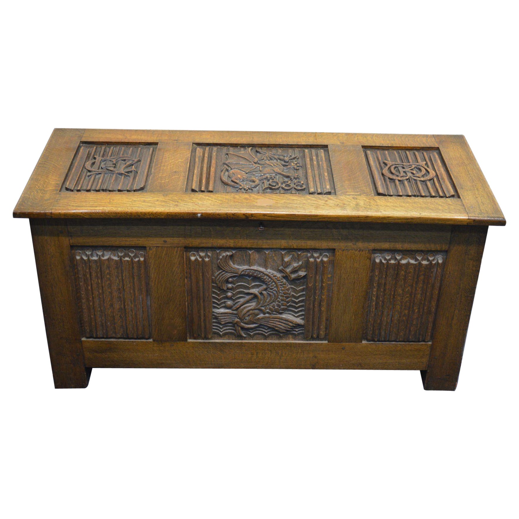 Arts & Crafts Oak Blanket Chest Carved with King Neptune King Fish of the Sea