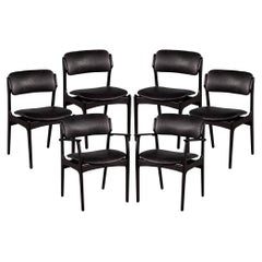 Ensemble de 6 chaises de salle à manger en cuir noir de style mi-siècle moderne