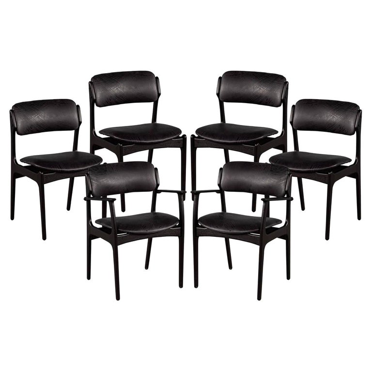 Set of 6 Mid-Century Modern Black Leather Dining Chairs For Sale