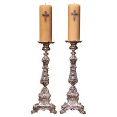 Used Pair of 19th Century French Carved Repousse Silver Plated Brass Candle Holders