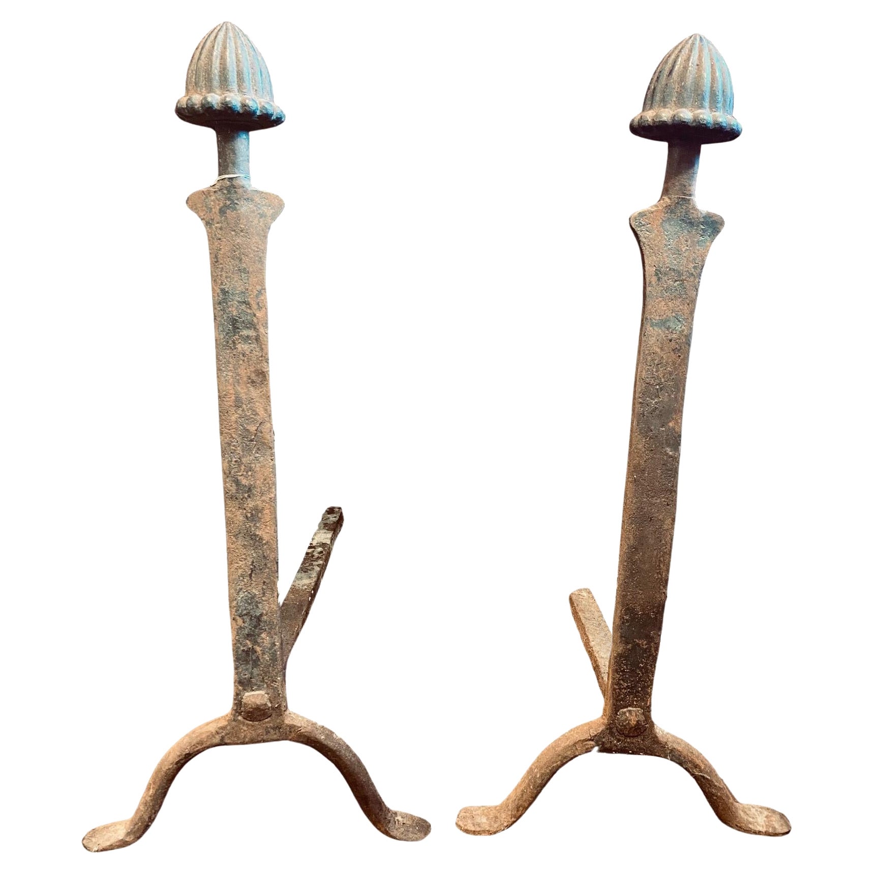 Pair of Late Colonial or Early Federal Iron Acorn Finial Andirons, circa 1800