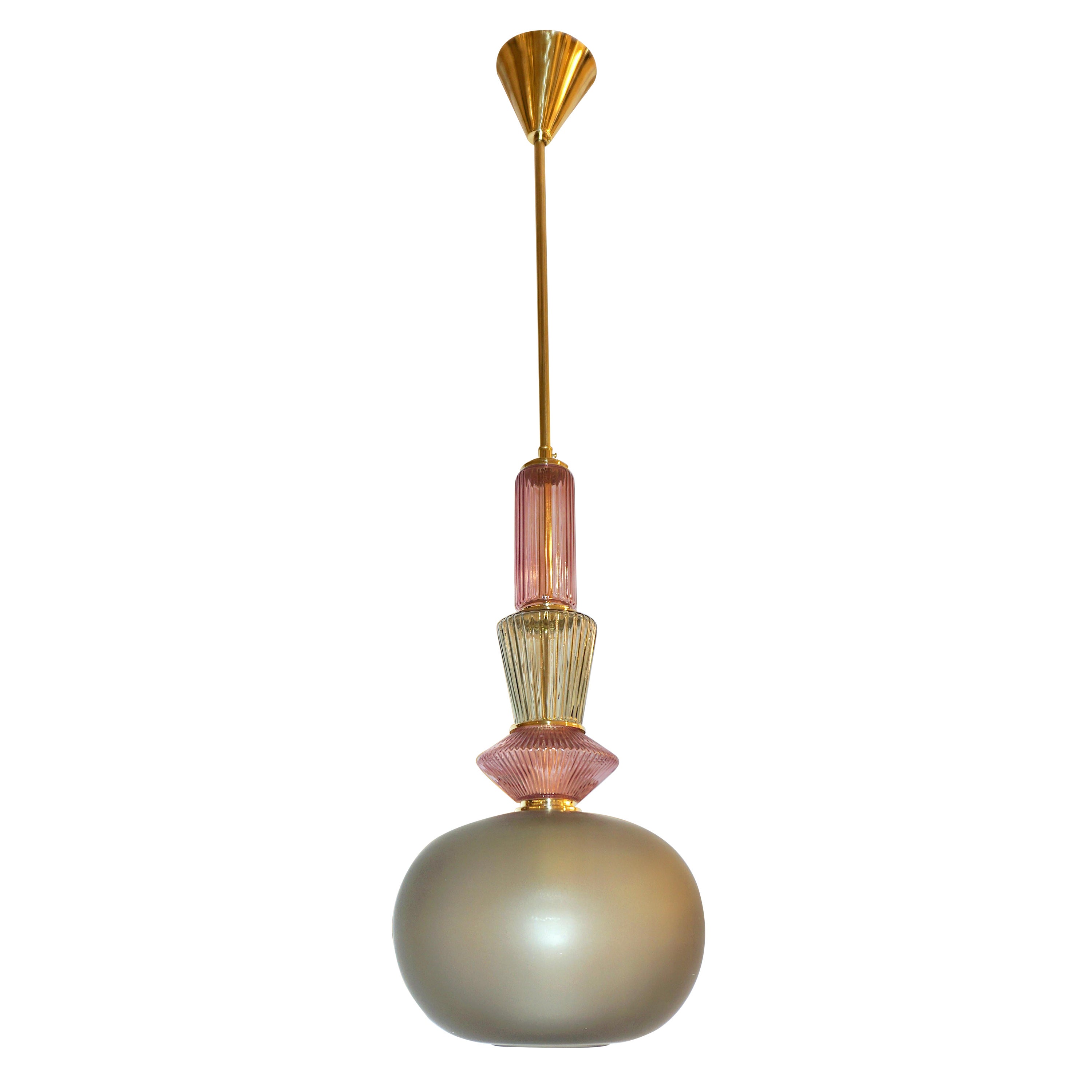 Lampe à suspension italienne sur mesure en laiton et verre de Murano en améthyste organique grise et verte