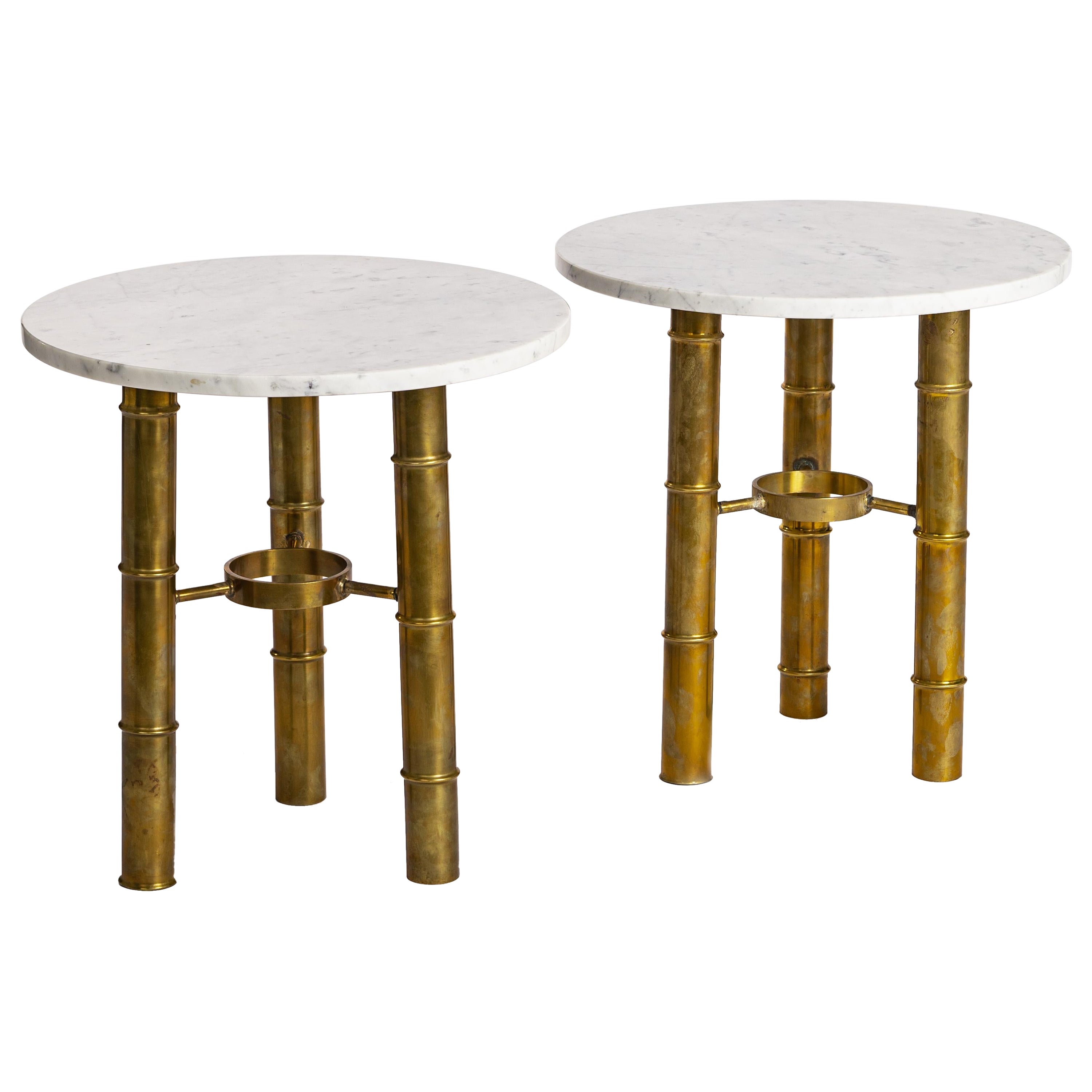 Pair of French Mid-Century Side Tables Brass Bamboo Design White Marble Top 70s