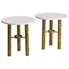 Vintage Pair of French Mid-Century Side Tables Brass Bamboo Design White Marble Top 70s