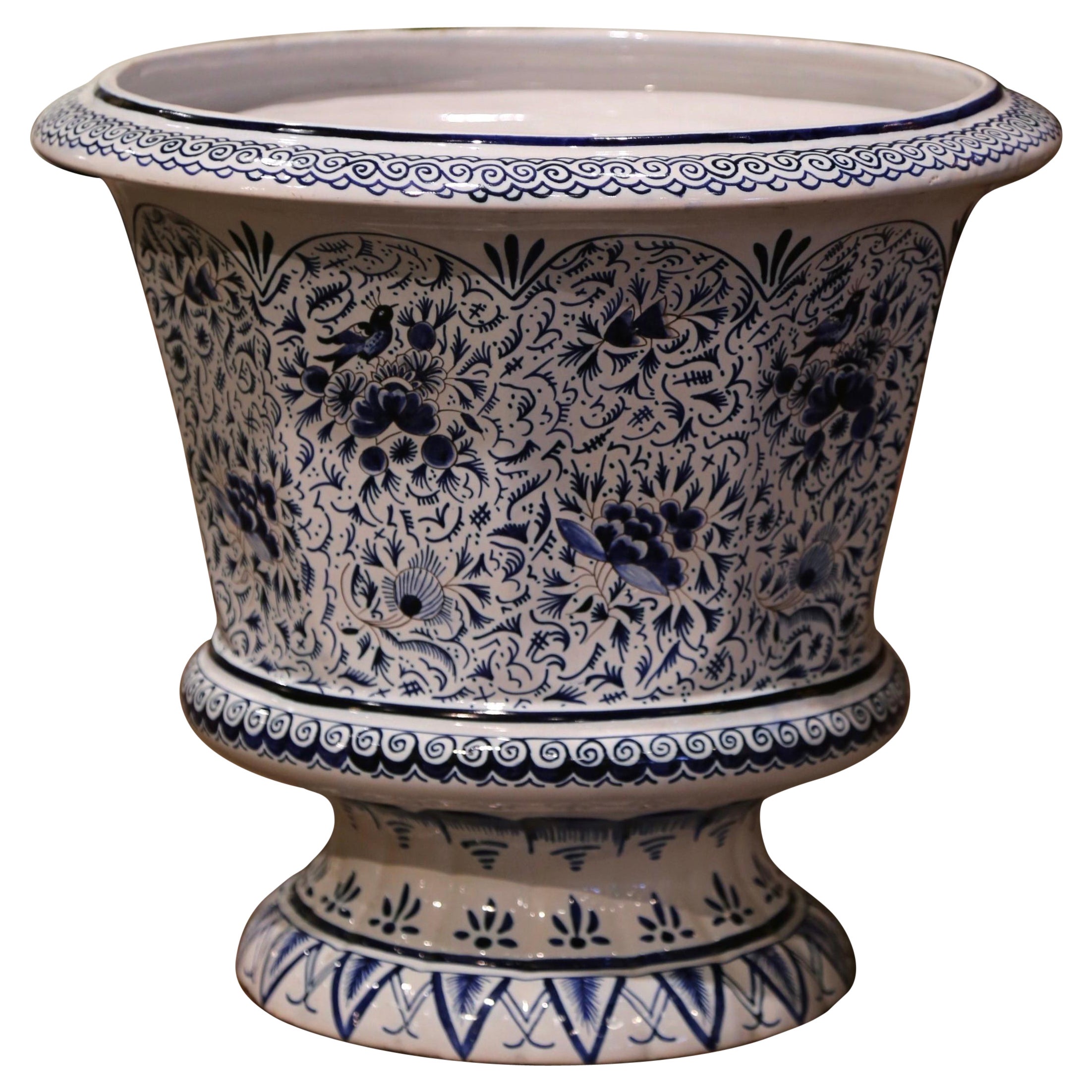 19th Century French Blue and White Faience Cache Pot with Floral and Bird Motifs