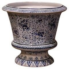 19th Century French Blue and White Faience Cache Pot with Floral and Bird Motifs