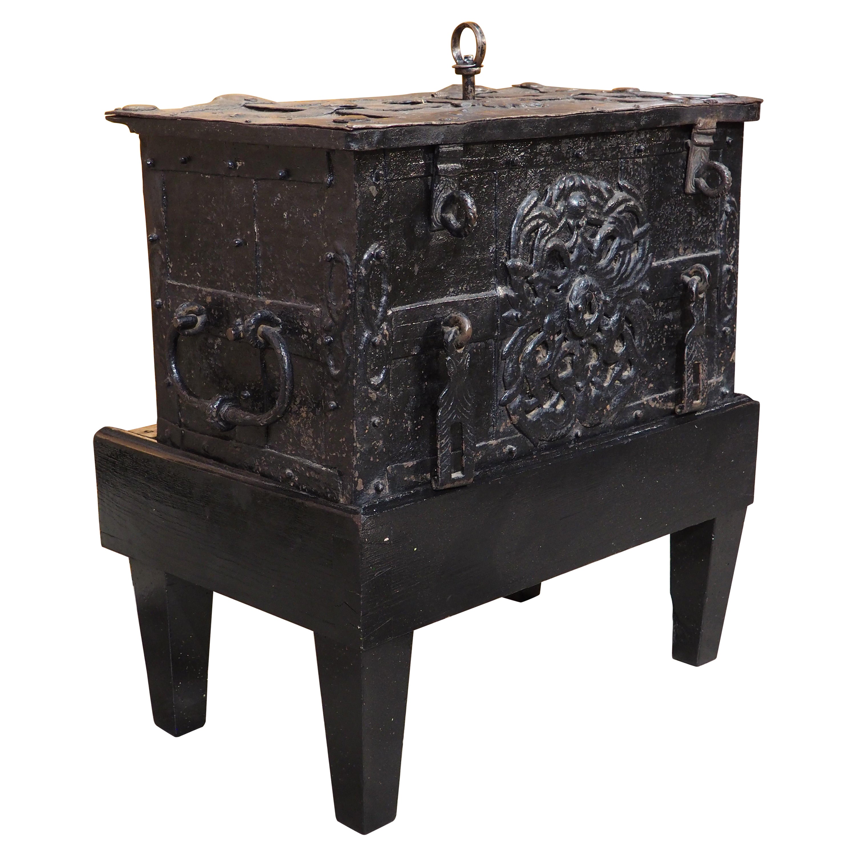 Circa 1650 Sheet Iron Money Chest from Southern Germany with Wooden Stand
