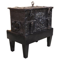 Antique Circa 1650 Sheet Iron Money Chest from Southern Germany with Wooden Stand