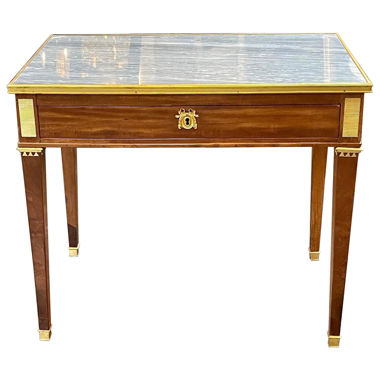 19th Century French Louis XVI Mahogany and Brass Side Table with Inlaid Marble
