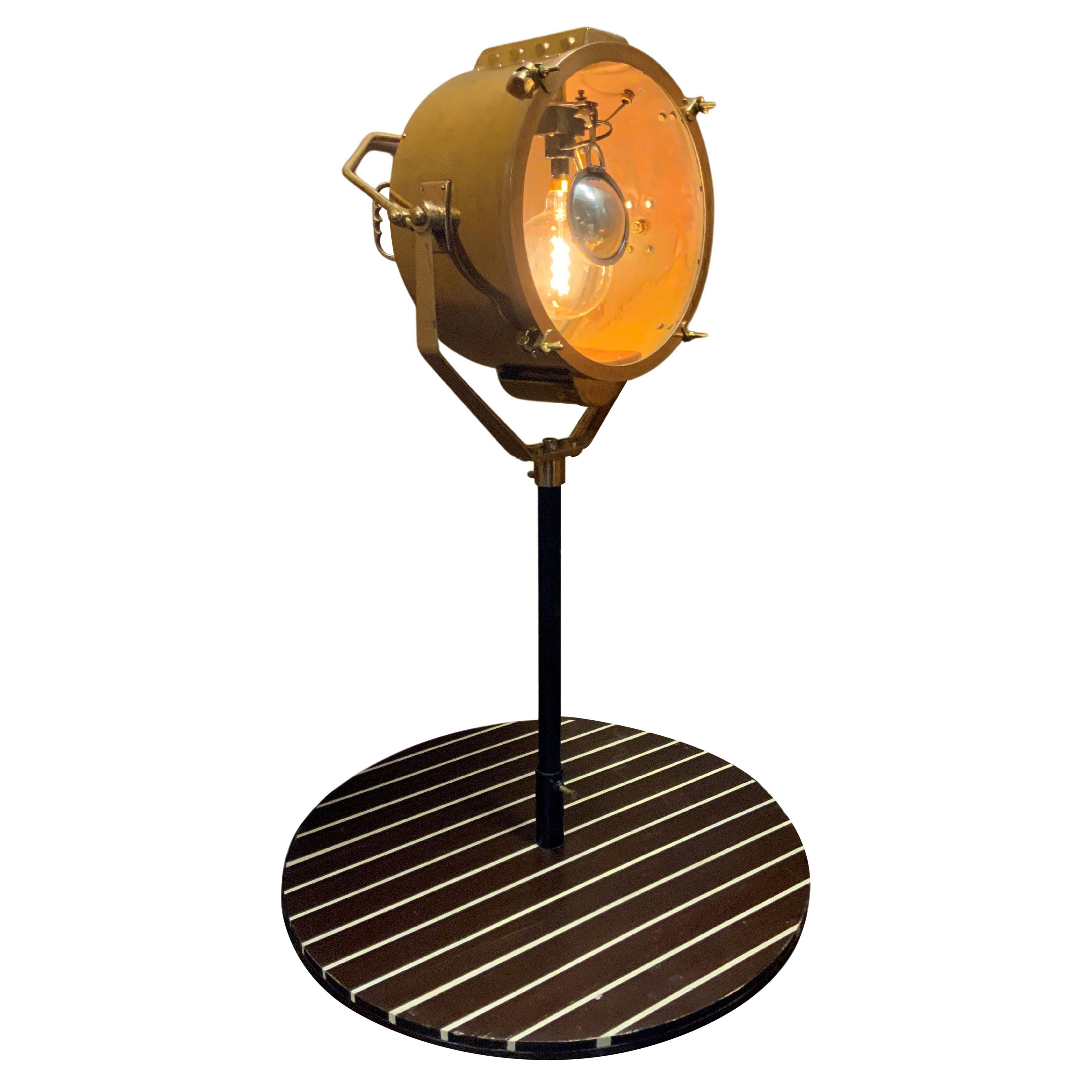 Sold Brass Ship's Searchlight Mounted to a Ship's Decking Pedestal For Sale
