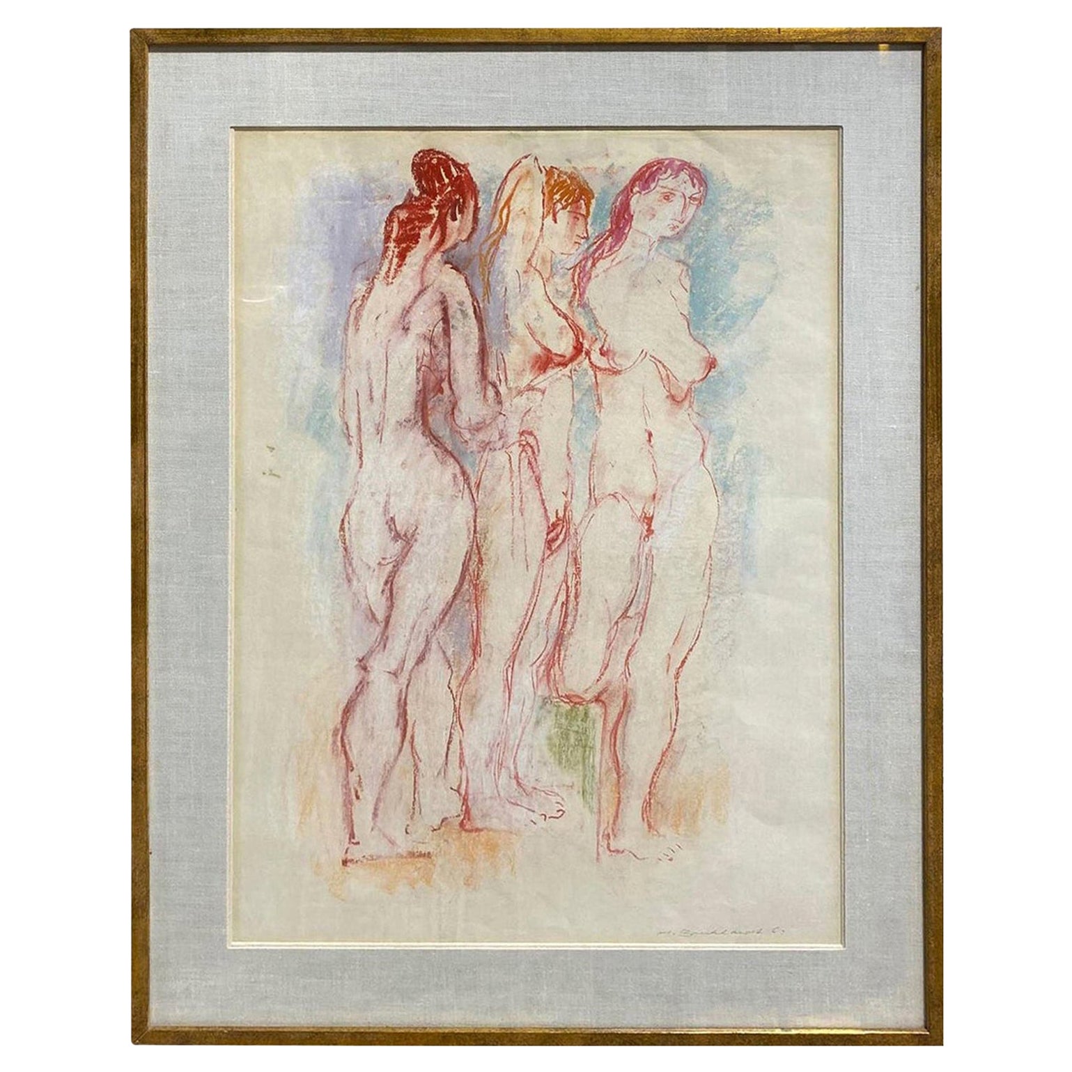 Peinture originale de nus de l'époque médiévale de Californie signée Hans Burkhardt
