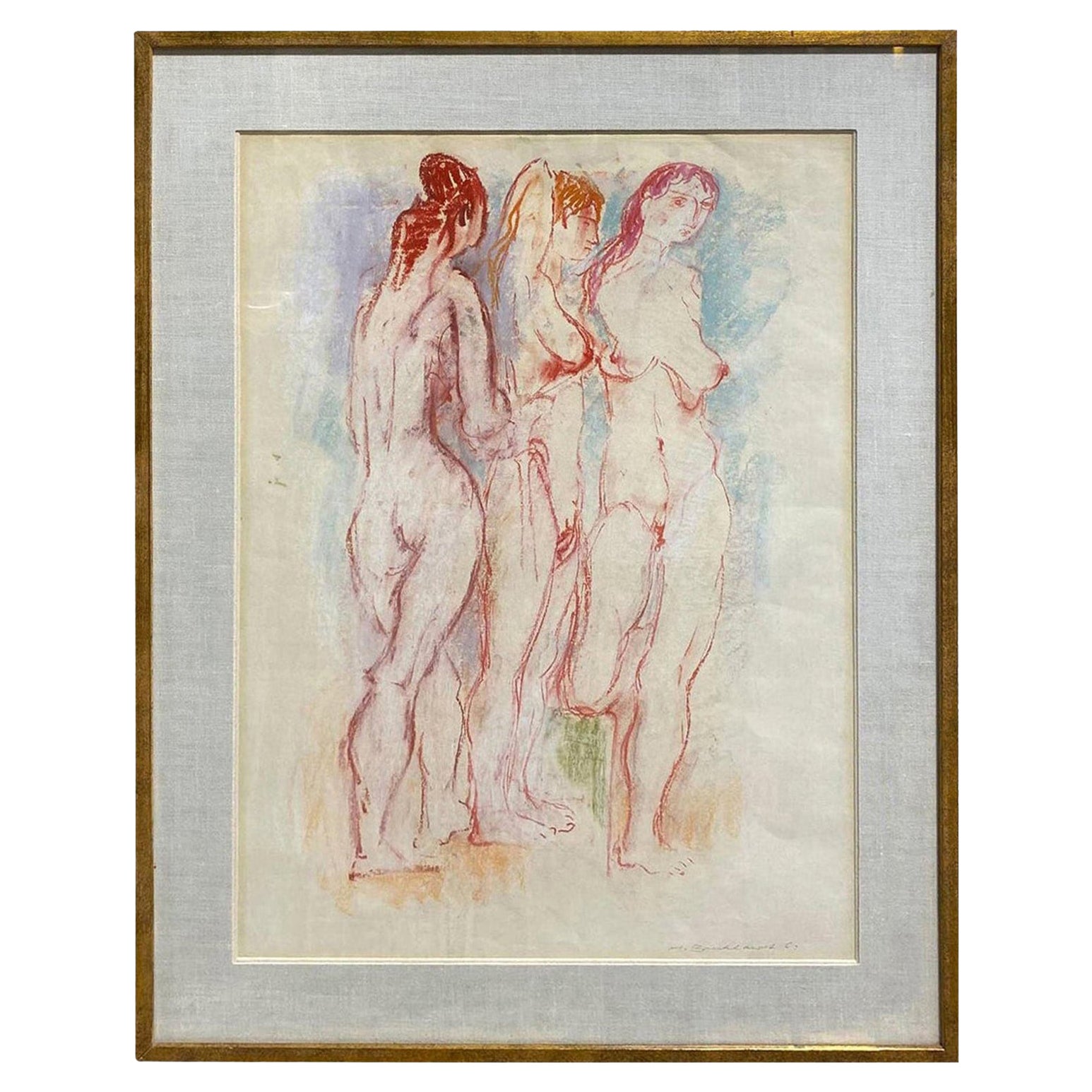 Hans Burkhardt Signed Swiss California Original Midcentury Nude Figures Painting