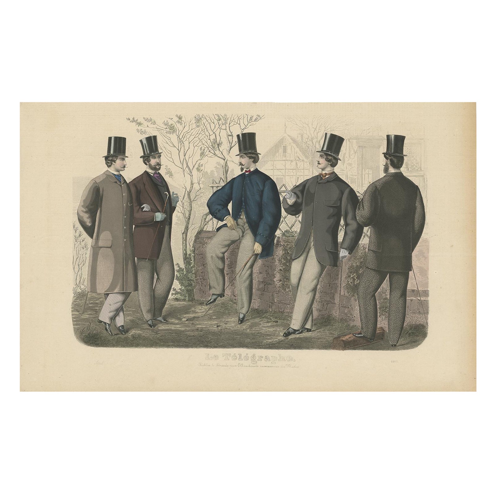 Antique Fashion Print of Men and Women Illustrating the Fashion Trends of 1865 For Sale