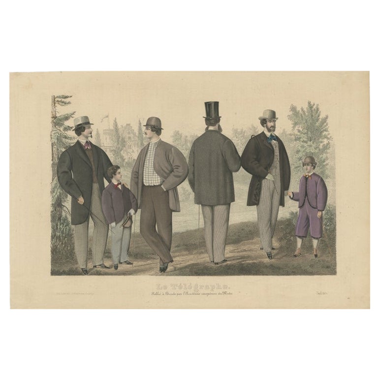 Antiker antiker Modedruck von Männern und Frauen, die den Modetrend im Jahr 1864 illustrieren im Angebot