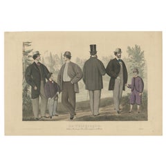 Antiker antiker Modedruck von Männern und Frauen, die den Modetrend im Jahr 1864 illustrieren