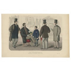 Antiker antiker Modedruck von Männern und Frauen, die Modetrends von 1865 illustrieren