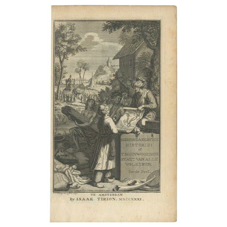 Antique Frontispiece by Tirion, Showing a Map of Africa, an Elephant Etc, 1731 For Sale