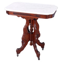 Antique Eastlake Walnut, Burl & Marble Parlor Table, c1890