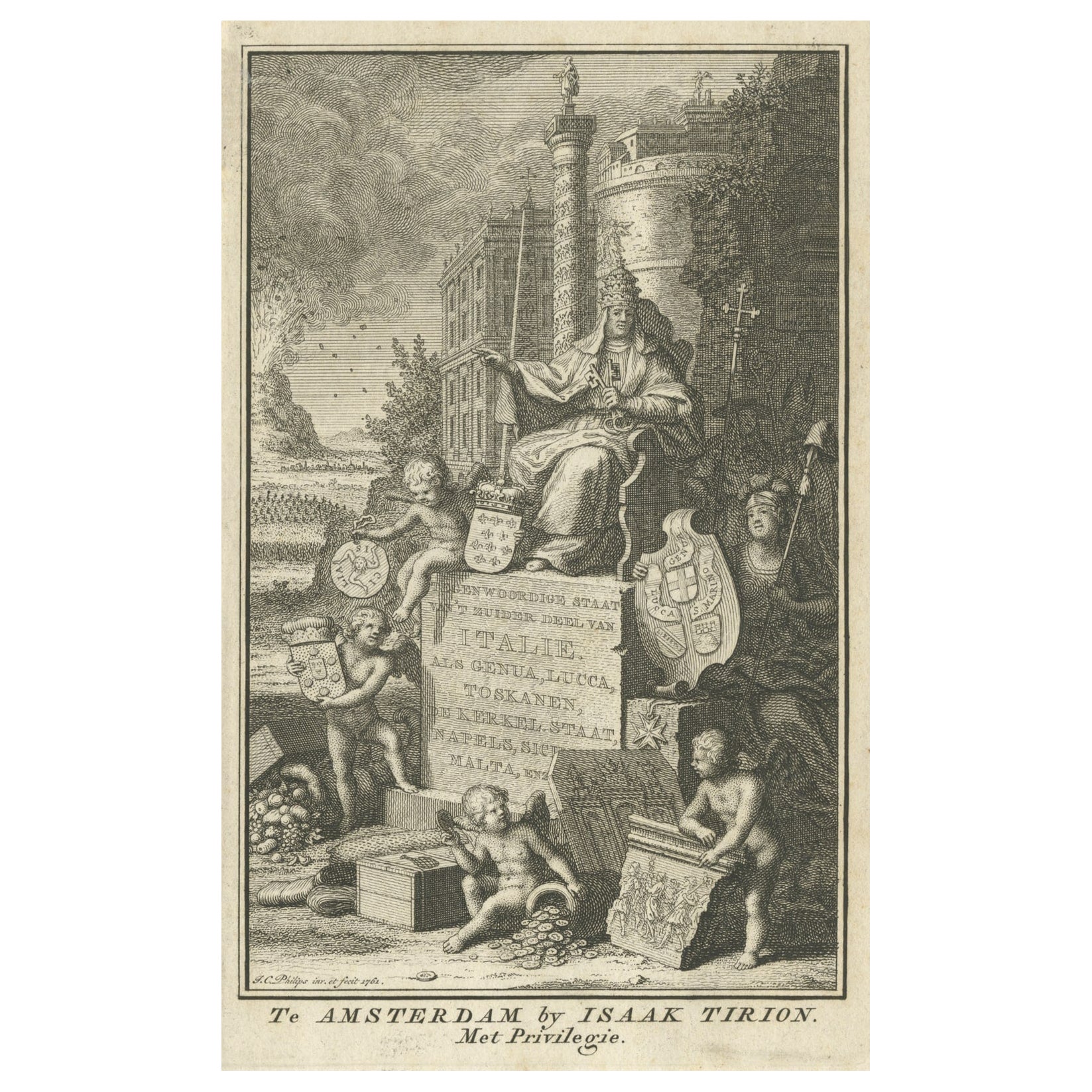 Antique Frontispiece of the Volume about Switzerland and Italy by Tirion, 1761 For Sale