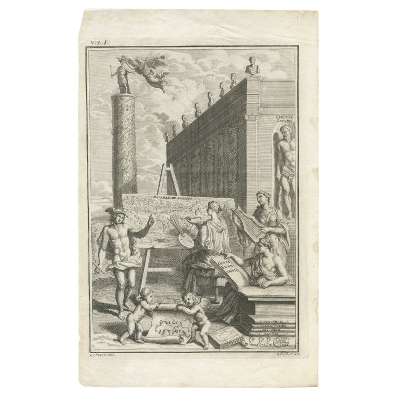 Antique Frontispiece of 'Gallia Antiqua' with Mercury, Herucules Etc, C.1728 For Sale