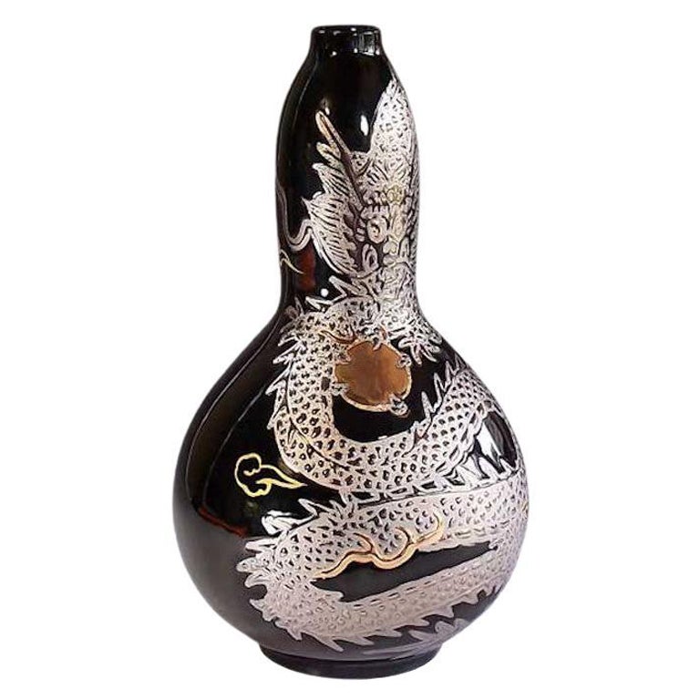 Japanese Contemporary Black Platinum Gold Porcelain Vase by Master Artist, 3 For Sale